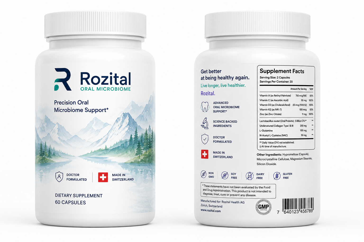 Rozital Oral Microbiome bottle, front and back